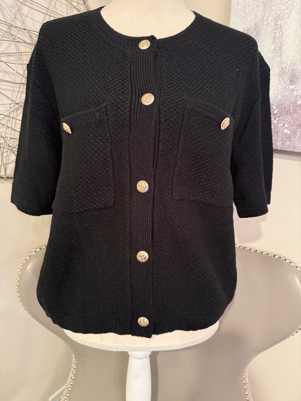 Black Short-Sleeve Knit Cardigan with Gold Buttons